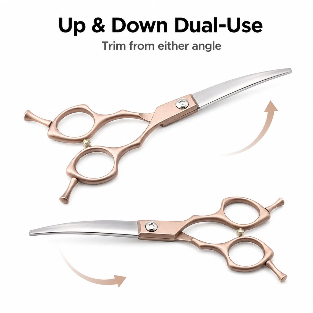 6.5 Inch Curved Pet Grooming Scissors for Dogs Cats, Rose Gold Up Down Trimming Shears